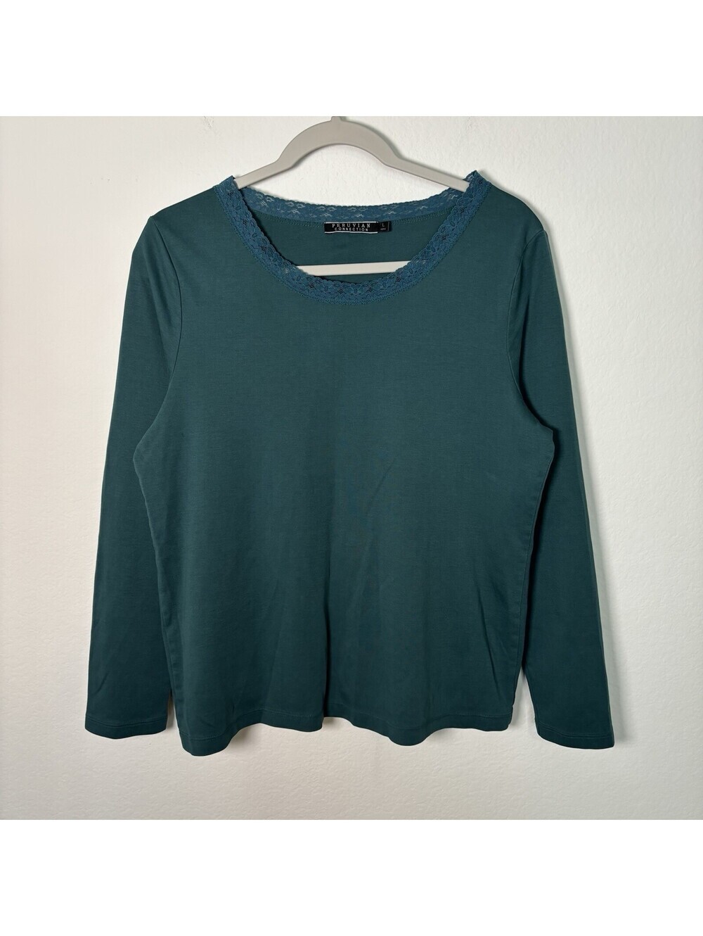 Peruvian Connection Teal Long Sleeve Pima Cotton T Shirt Lace Trim Size Large